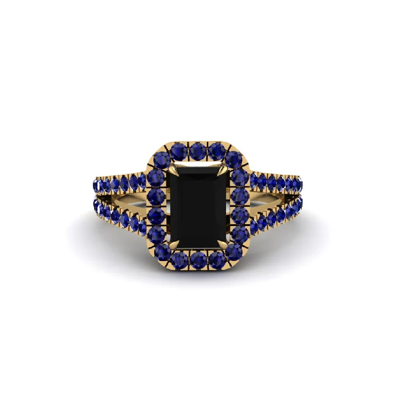 Fashionable Cocktail Rings For Special Events-Radiant Cut Black Diamond Halo Split Shank Engagement Ring - Lainey No. 67