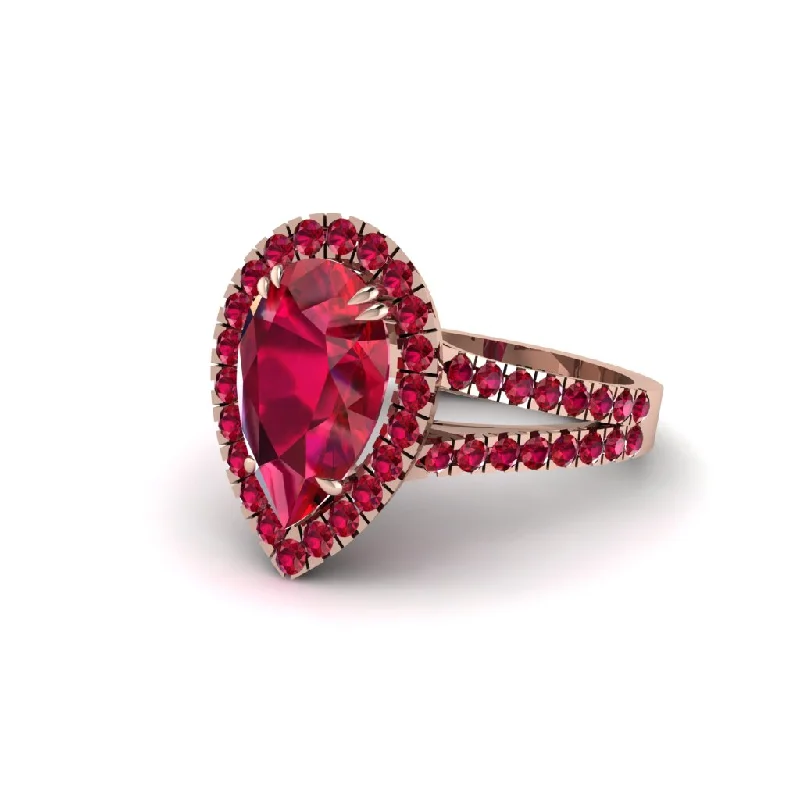 Vintage-Inspired Rings For Bold Brides-Pear Ruby Halo Split Shank Engagement Ring - Helena No. 56