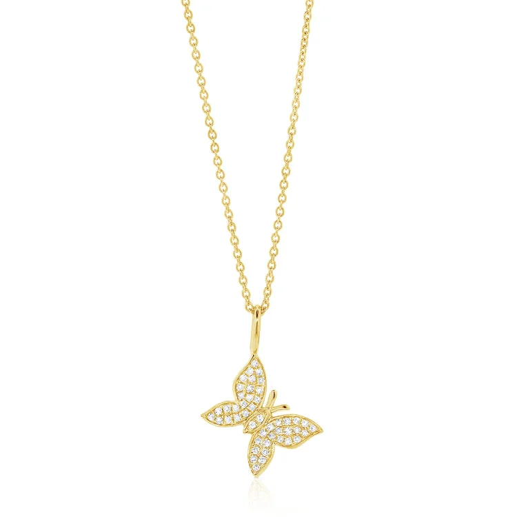 Gold Heart Necklaces For Romantic Occasions-Diamond Pave Butterfly Necklace in 14kt Gold