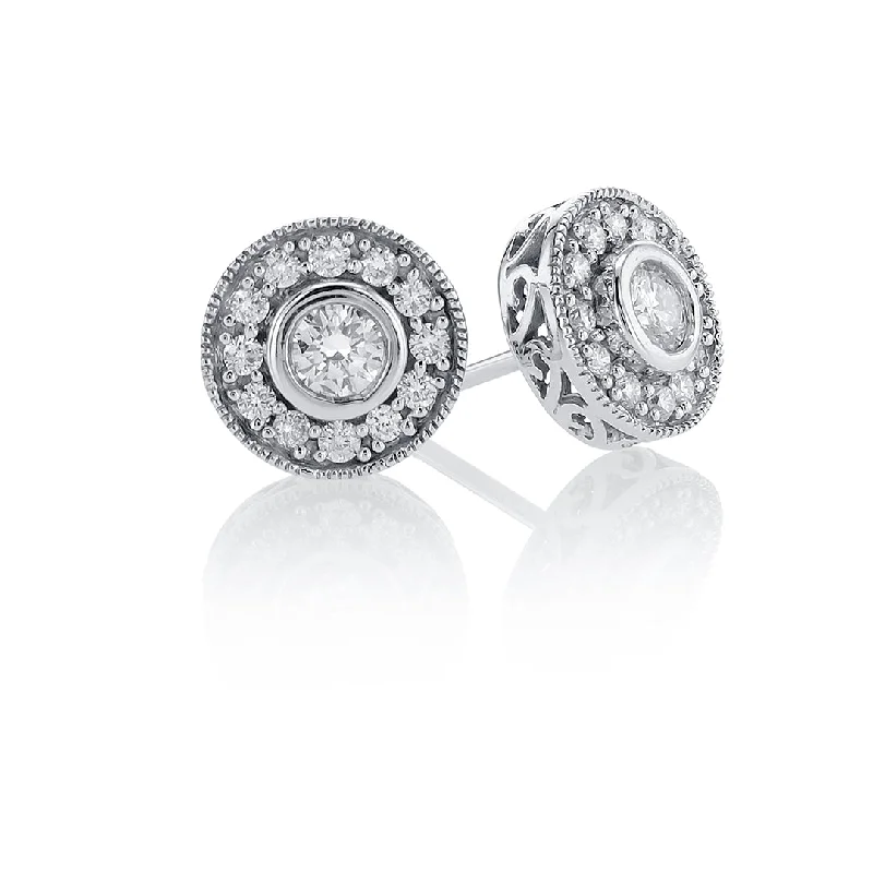 Chic Modern Earrings For Young Women-0.60 CT Round Diamond Bezel Halo 14K White Gold Stud Earrings