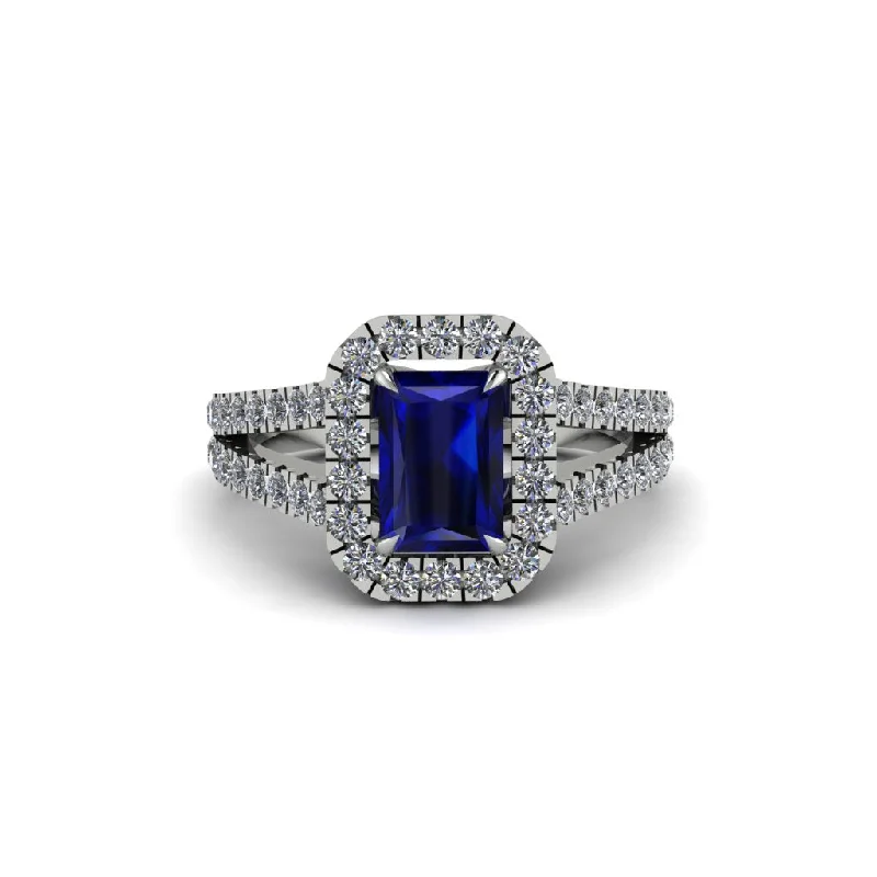 Unique Engagement Rings For Non-Traditional Brides-Radiant Cut Sapphire Halo Split Shank Engagement Ring - Lainey No. 15