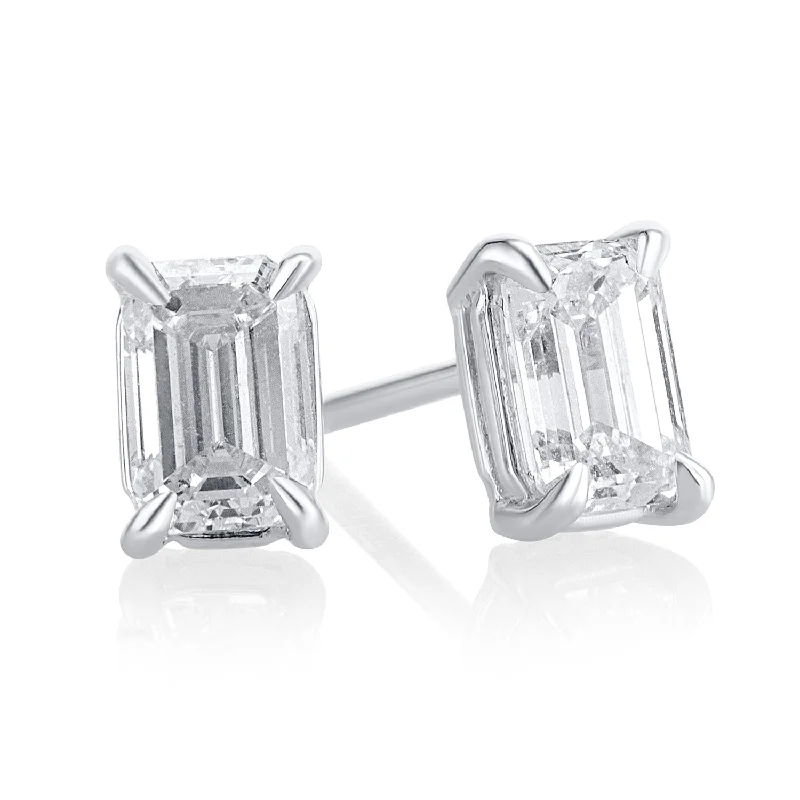 Elegant Silver Earrings For Casual Wear-1.01 Carat Emerald Lab Grown Diamond Studs in 14K White Gold