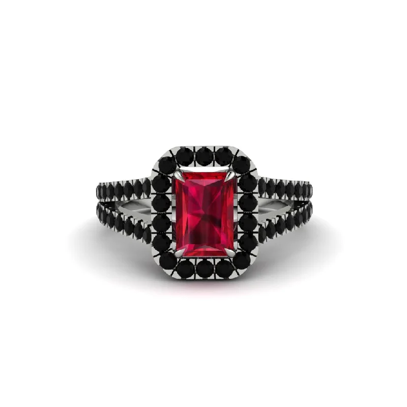 Personalized Initial Rings For Custom Gifts-Radiant Cut Ruby Halo Split Shank Engagement Ring - Lainey No. 42