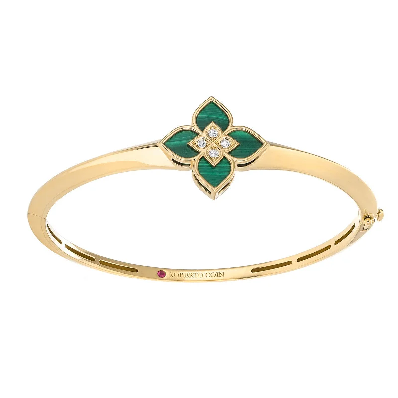 Bangles For Spring Trends-18K Yellow Gold Flower Bangle with Malachite and Diamonds