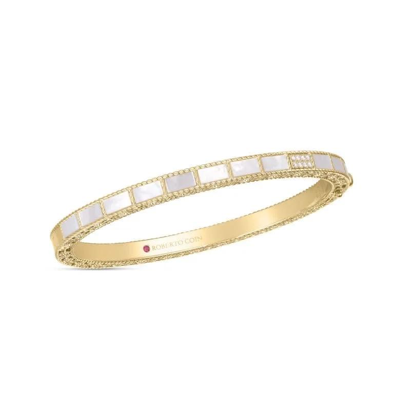 Bangles For Summer Fashion-0.05Ct Diamond and Mother of Pearl Mosaic Accent Bangle Bracelet in 18k Yellow Gold