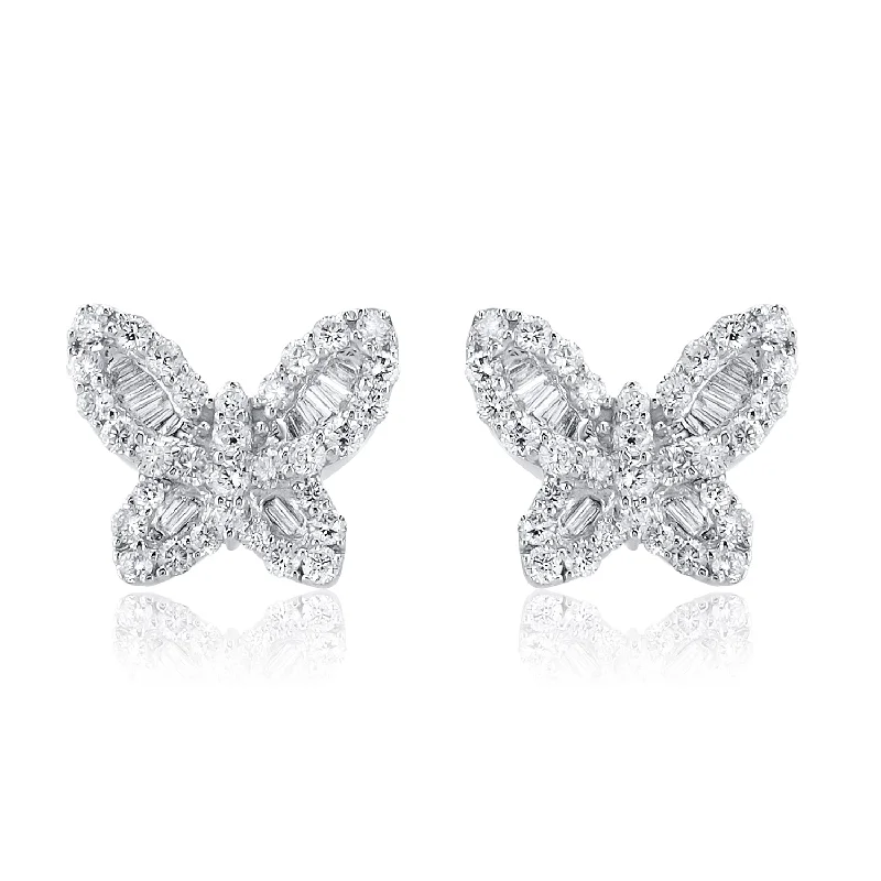 Trendy Resin Hoop Earrings For Bold Fashion-0.60 Carat Baguette and Round Diamond Butterfly Studs in 14K White Gold