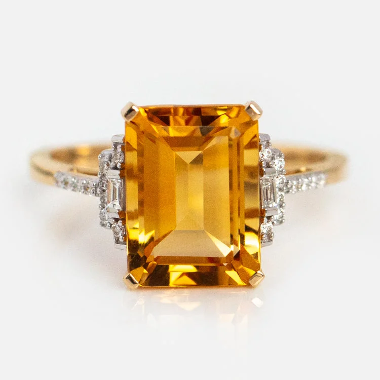 Silver Cocktail Rings For Bold Glam-14k Solid Gold Citrine and Diamond Deco Ring