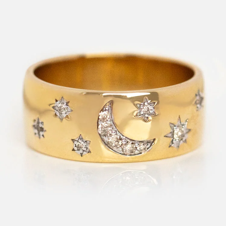 Classic Gemstone Rings For Engagement-Solid Gold Diamond Night Sky Cigar Band