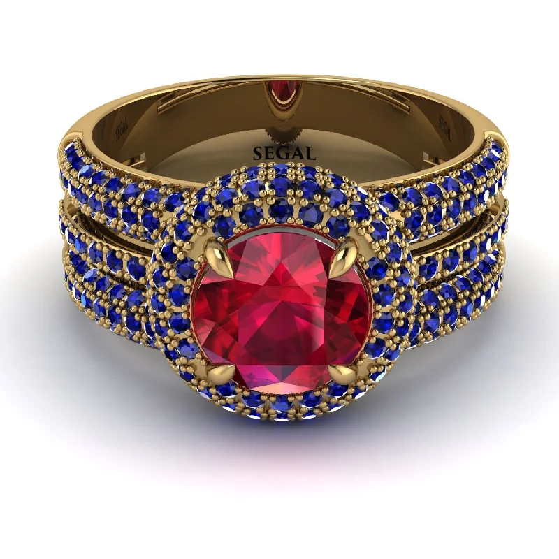 Trendy Gold Rings For Engagement-Ruby Halo Luxury Pave Engagement Ring - Sierra No. 70