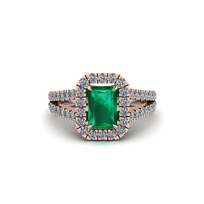 Designer Engagement Rings For Brides-Radiant Cut Emerald Halo Split Shank Engagement Ring - Lainey No. 5