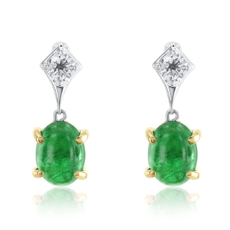 Personalized Earrings With Initials-2.40 Carat Emerald And 0.30 Carat Round Natural Dangle Earrings in 14K White And Yellow Gold