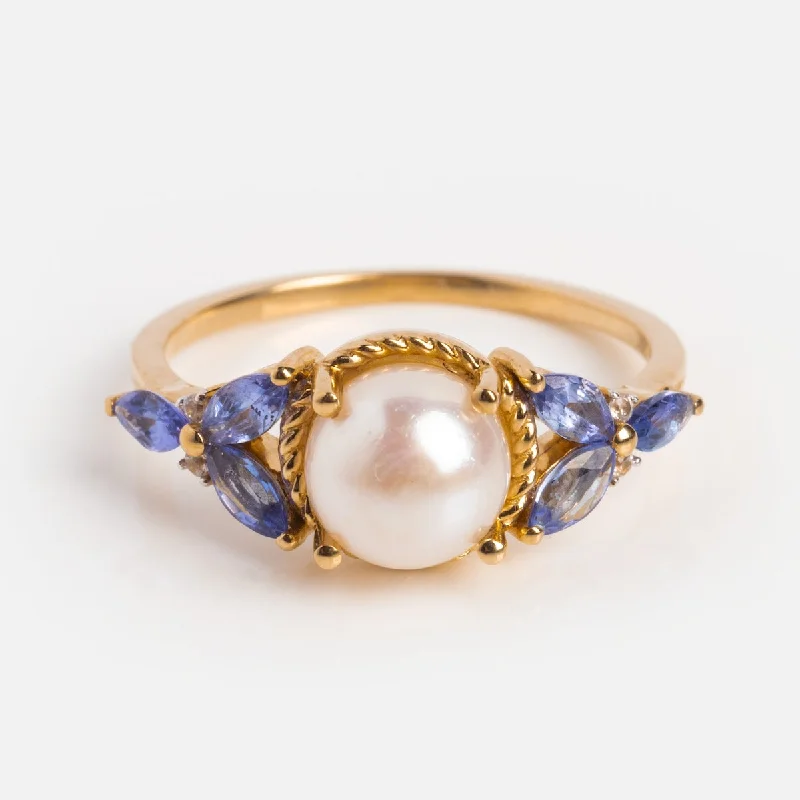 Trendy Statement Rings For Fashion Lovers-14k Vintage Inspired Pearl and Tanzanite Statement Ring