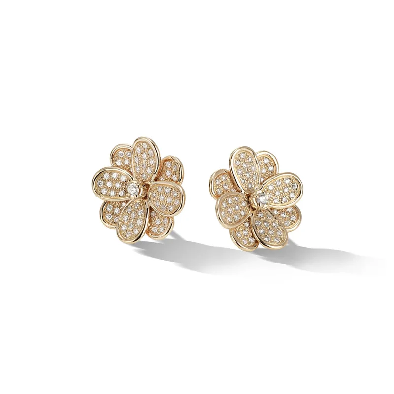 Colorful Gemstone Earrings For Playful Looks-18K Yellow Gold and Full Pave Flower Stud Earrings