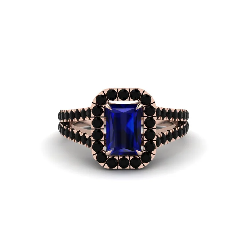 Vintage Style Rings For Retro Weddings-Radiant Cut Sapphire Halo Split Shank Engagement Ring - Lainey No. 44