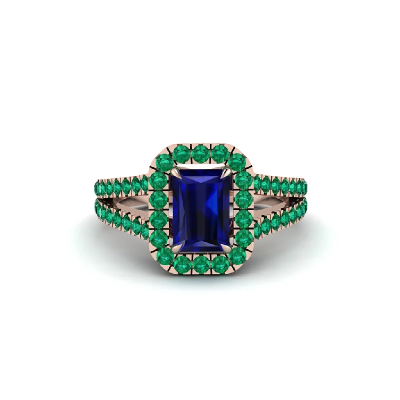 Bold Sapphire Rings For Engagement-Radiant Cut Sapphire Halo Split Shank Engagement Ring - Lainey No. 29