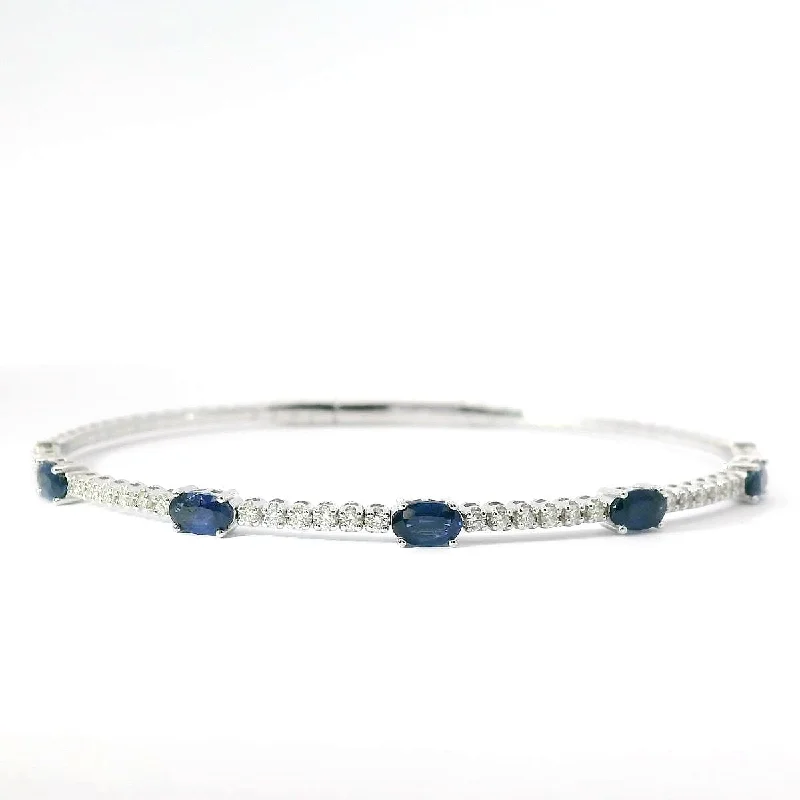 Bangles For Fashion Enthusiasts-14K White Gold Flexible Natural Diamond and Sapphire Bangle Bracelet