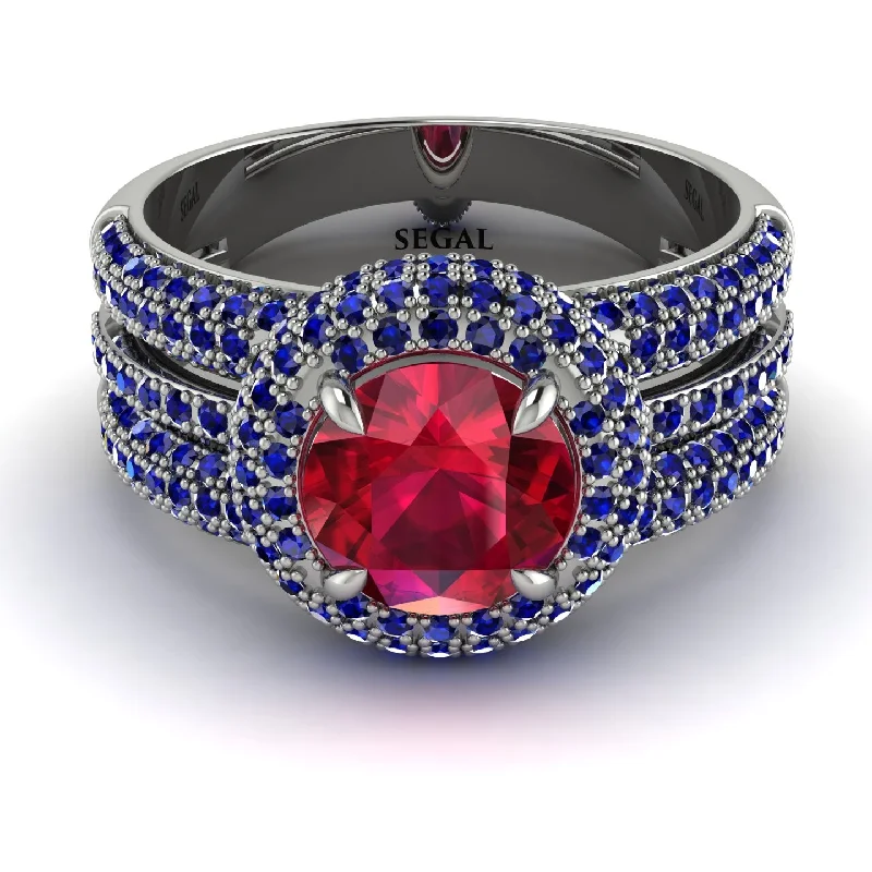 Classic Custom Wedding Rings For Couples-Ruby Halo Luxury Pave Engagement Ring - Sierra No. 72