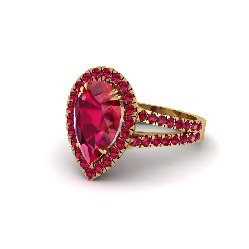 Elegant Gold Cocktail Rings For Evening Wear-Pear Ruby Halo Split Shank Engagement Ring - Helena No. 55