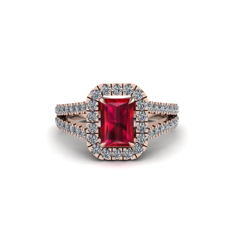 Fashionable Stackable Silver Rings For Trendy Looks-Radiant Cut Ruby Halo Split Shank Engagement Ring - Lainey No. 11