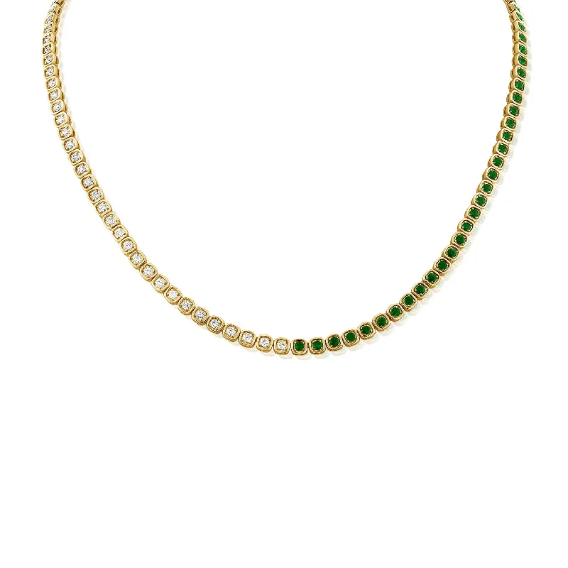 Colorful Stone Necklaces For Vibrant Fashion-Bi Color Diamond & Emerald Tennis Necklace set in 14kt Gold