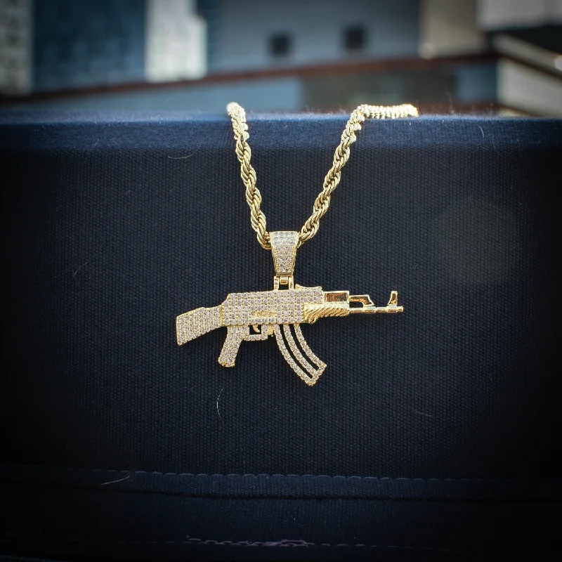 Modern Pearl Necklaces For Wedding Jewelry-Diamond AK47 Gun Necklace in Yellow Gold