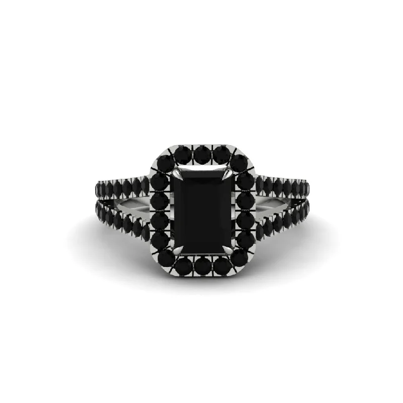 Elegant Wedding Rings For Same-Sex Couples-Radiant Cut Black Diamond Halo Split Shank Engagement Ring - Lainey No. 39