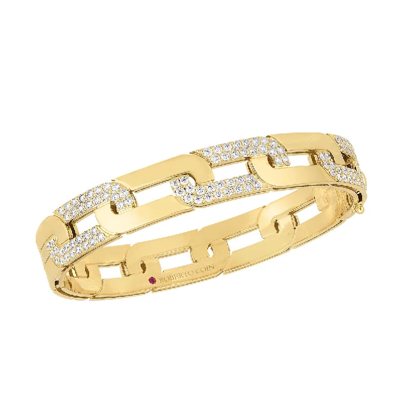 Bangles For New Year’s Eve-18K Yellow Gold Navara Large Alternating Diamond Link Wide Bangle