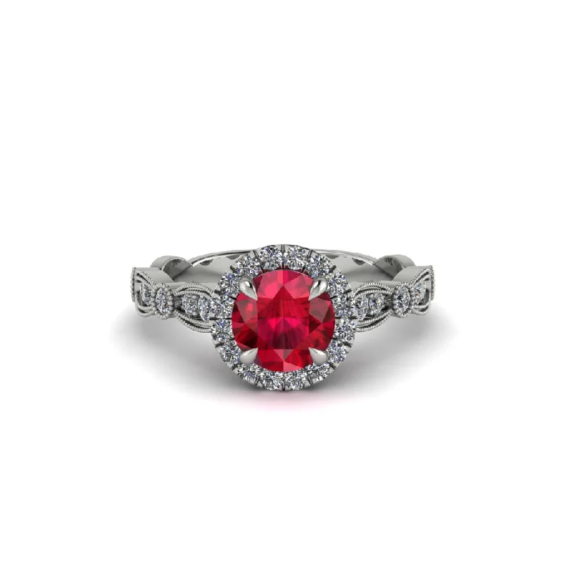 Wedding Bands For Same-Sex Couples-Round Cut Ruby Radiant Eternity Engagement Ring - Kamryn No. 12