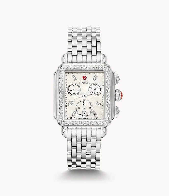 Watches With Luxury Finish-Michele Deco Stainless Mother of Pearl Diamond Watch