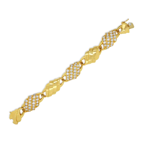 Bracelets With Layered Design-Gold & Diamond Swirl Section Estate Bracelet