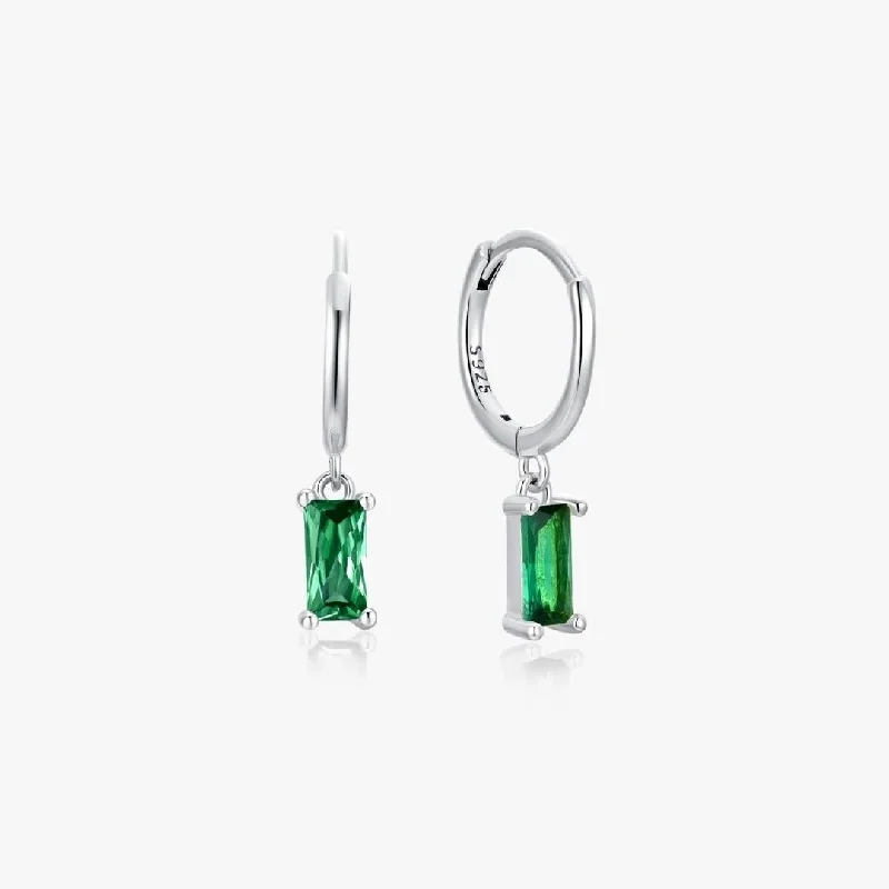 Classic Stud Earrings For Elegant Simplicity-Green Rectangle Sterling Huggies in Silver