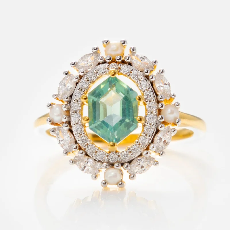 Vintage Gold Rings For Fashionistas-Fern Green Topaz Statement Ring with Pearl Halo