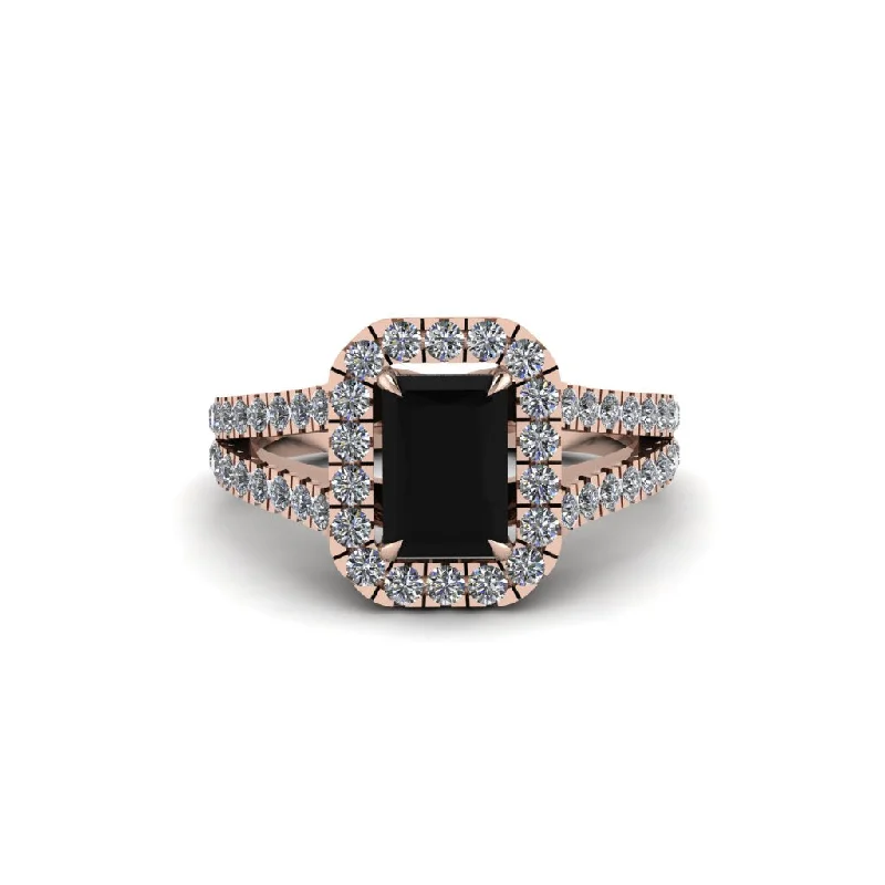 Women’s Fashion Rings For Every Occasion-Radiant Cut Black Diamond Halo Split Shank Engagement Ring - Lainey No. 8