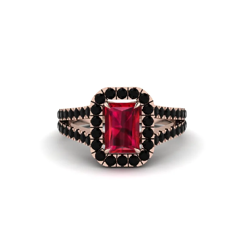 Colorful Gemstone Rings For Fashionistas-Radiant Cut Ruby Halo Split Shank Engagement Ring - Lainey No. 41