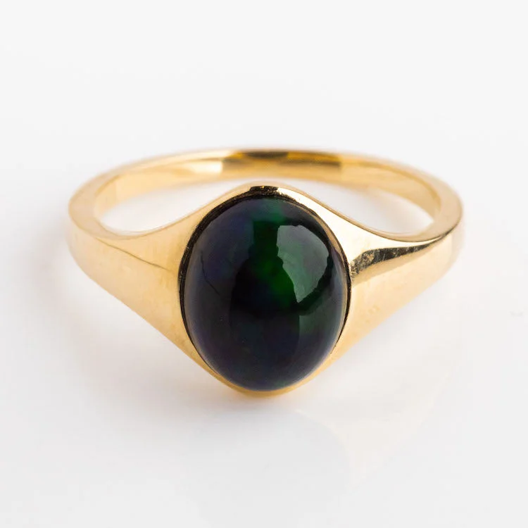 Stunning Gemstone Wedding Rings For Brides-Solid Gold Black Opal Aura Signet Ring