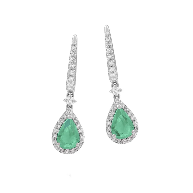 Elegant Gold Drop Earrings For Weddings-18K White Gold Emerald and Diamond Drop Earrings