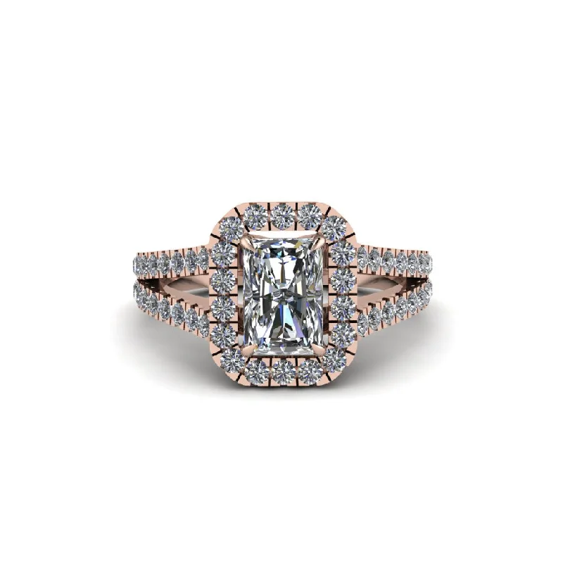 Statement Gemstone Rings For Bold Fashion-Radiant Cut Diamond Halo Split Shank Engagement Ring - Lainey No. 2