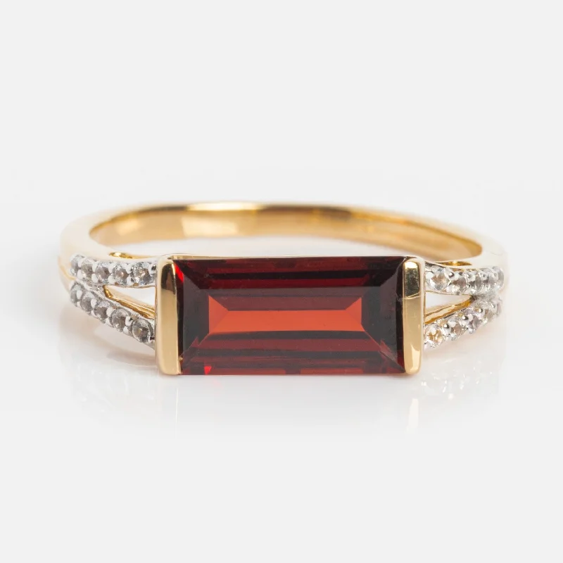 Trendy Men’s Rings For Fashion Enthusiasts-14k Gilded Garnet East West Baguette Ring