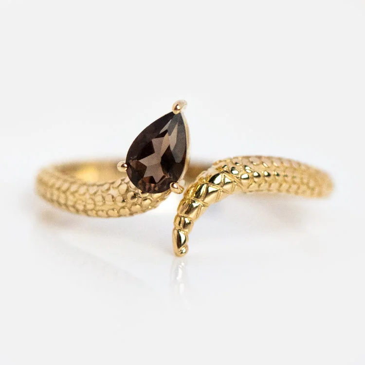 Engagement Rings With Colored Stones-Solid Gold Smoky Quartz Snake Ring for Transformation