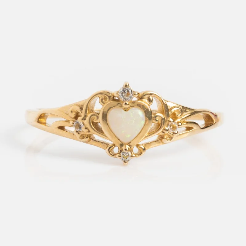 Elegant Gemstone Engagement Rings For Brides-Solid Gold Openwork Filigree Opal Heart Ring