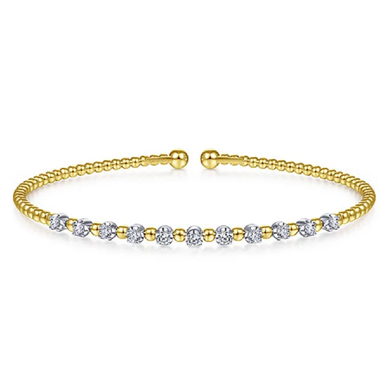 Bracelets For Modern Styles-Gabriel & Company 14K Yellow Gold Bujukan Bead Split Cuff Bracelet with Round White Gold Diamond Stations