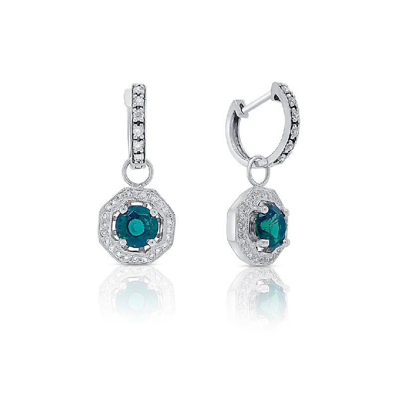 Elegant Swarovski Earrings For Evening Wear-1.63 Cttw Round Lab Grown Emeralds and 0.60 Cttw Round Diamond Halo 14K White Gold Drop Earrings