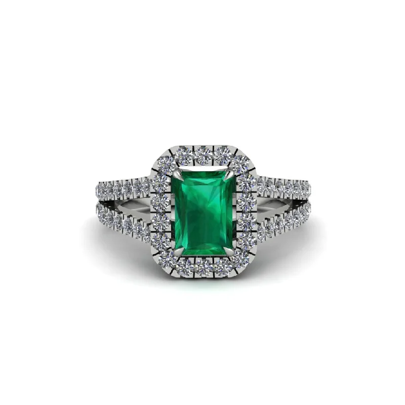 Vintage Gemstone Rings For Retro Style-Radiant Cut Emerald Halo Split Shank Engagement Ring - Lainey No. 6