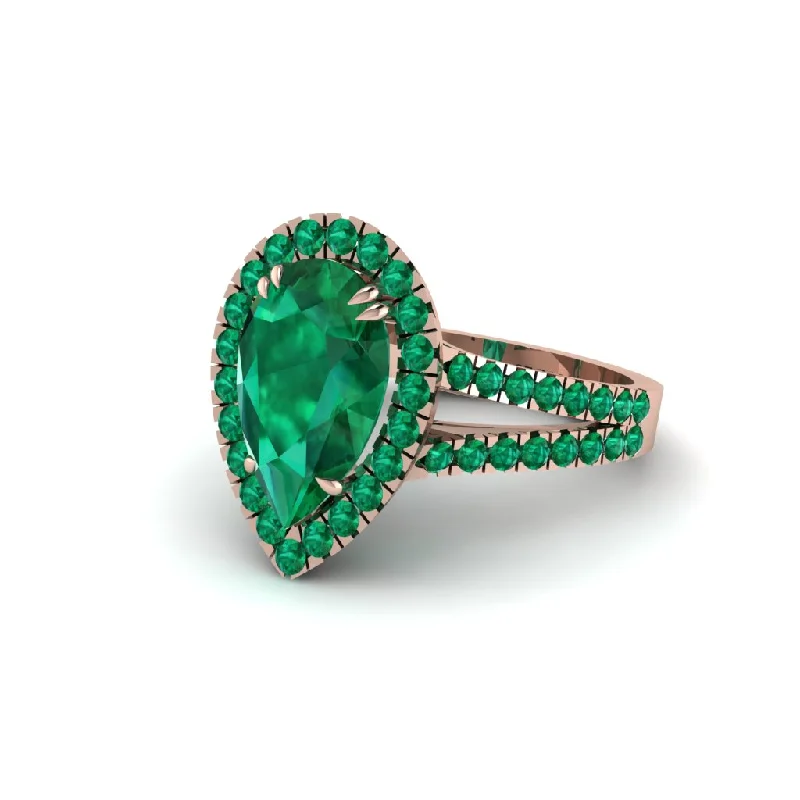 Vintage Cocktail Rings For Statement Fashion-Pear Emerald Halo Split Shank Engagement Ring - Helena No. 20