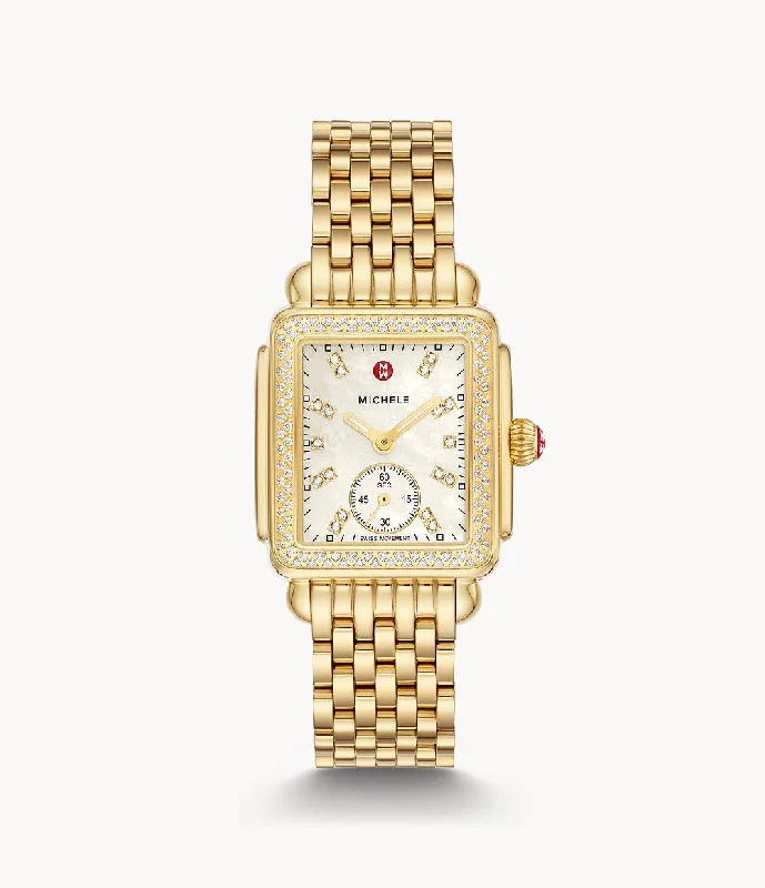 Watches With Heart Patterns-Michele Deco Mid Gold Diamond Stainless Steel Watch