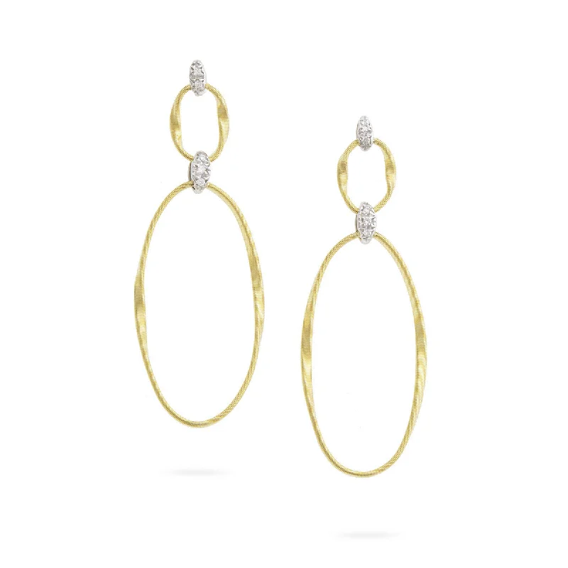 Sleek Gold Earrings For Classy Looks-18K Yellow Gold and Diamond Flat Link Double Drop Earrings