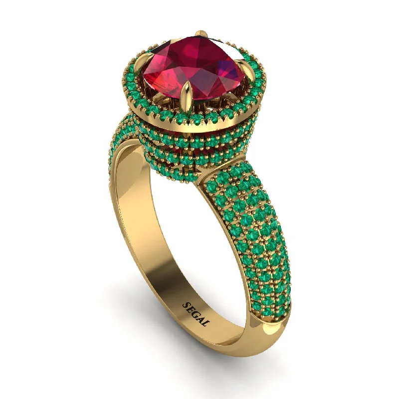 Trendy Gold Rings For Engagement-Ruby Cluster Halo Engagement Ring - Katie No. 25