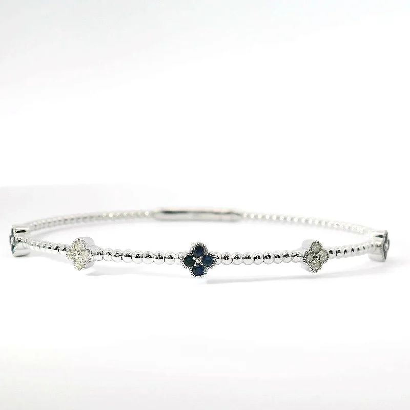 Bangles For Women With Large Wrists-14K White Gold Flexible Natural Diamond and Sapphire Bangle Bracelet