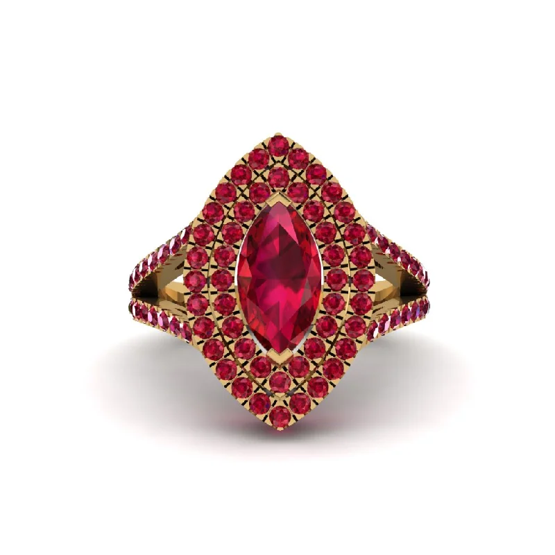 Beautiful Ruby Wedding Rings For Brides-Marquise Ruby Double Halo Engagement Ring - Avah No. 55