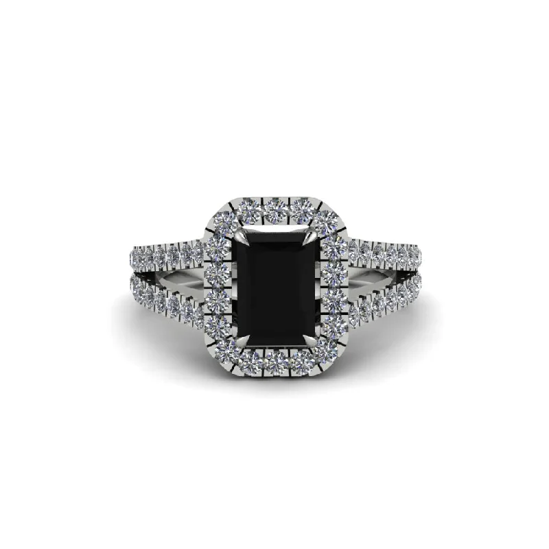 Custom Gemstone Rings For Personalized Jewelry-Radiant Cut Black Diamond Halo Split Shank Engagement Ring - Lainey No. 9